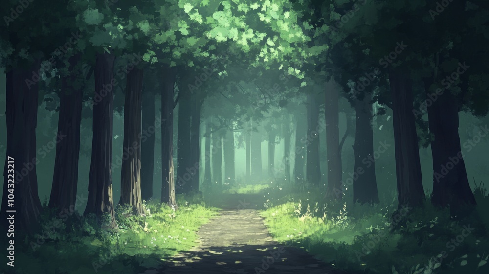 Aufkleber a path through a dense forest with dappled sunlight filtering through the canopy.