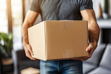 People relocation move home concept, Man carrying belongings box moving in new apartment, Generative AI