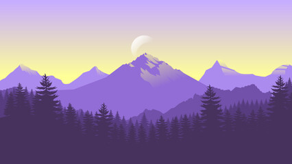 Purple mountain landscape wallpaper in a minimalist flat design style. Minimalist beauty background for desktop and wallpaper