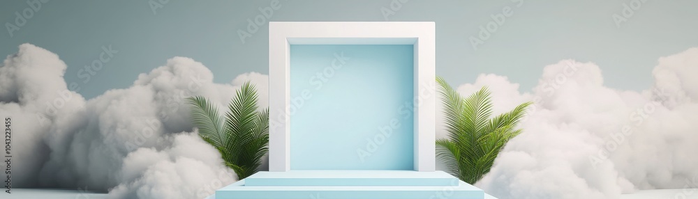 Poster a modern display showcasing minimalistic design with a blue backdrop and greenery, ideal for product
