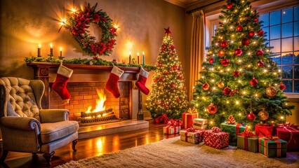 Fototapeta premium Cozy Christmas Fireplace with Stockings and Decorations in a Warm Living Room Setting