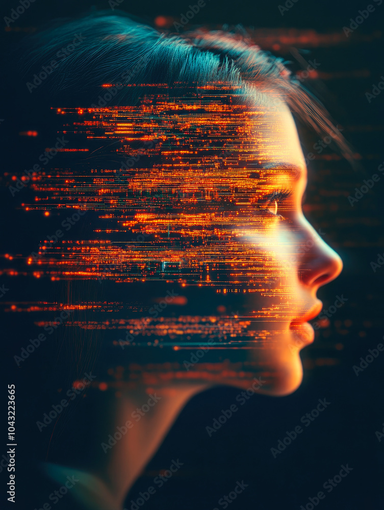 Poster a digital face with data lines and light flares overlays, representing technology merging with human