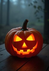 Obraz premium Glowing Halloween Pumpkin on Wooden Table with Foggy Background - Perfect for Product Presentations or Halloween-themed Projects