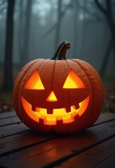 Obraz premium Glowing Halloween Pumpkin on Wooden Table with Foggy Background - Perfect for Product Presentations or Halloween-themed Projects