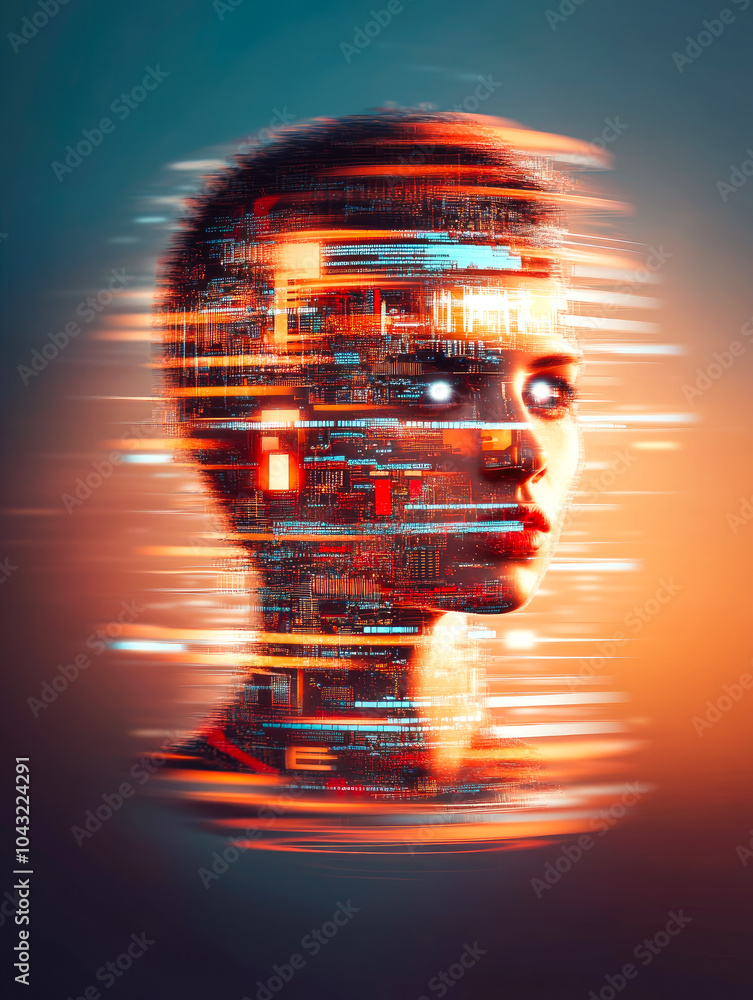 Poster a futuristic ai face with a glowing digital interface symbolizes the merger between artificial intel