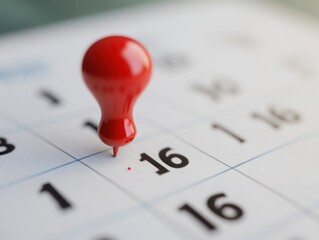 Close-up of a red pushpin marking a date on a calendar, symbolizing important events or reminders in daily planning.