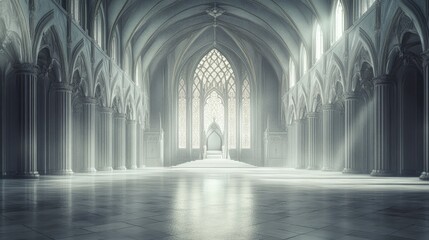 Fototapeta premium Empty grand hall with a white throne at the center, softly lit by natural light, creating a calm and majestic atmosphere fit for royalty.