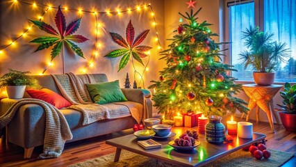 Cozy Christmas Gathering with Stoner Vibes and Festive Décor
