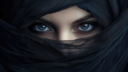 Naklejka premium Exquisite, mysterious woman covered in a veil, with only her captivating eyes exposed. Her gaze is intense and magnetic.