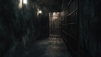Gloomy, empty prison cell with concrete walls and a single door of steel bars. Dim light adds a sense of despair to the cold space.