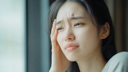 Naklejka premium Woman Overwhelmed: Close-up of a young woman, her face etched with worry, as she holds her head in her hand, reflecting the emotional weight of life's challenges.