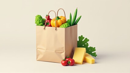 Fresh ingredients in a paper bag: vegetables, pasta, sauce
