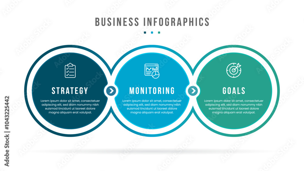 Wall mural modern and clean infographic template showcasing three steps: strategy, monitoring, and goals. ideal
