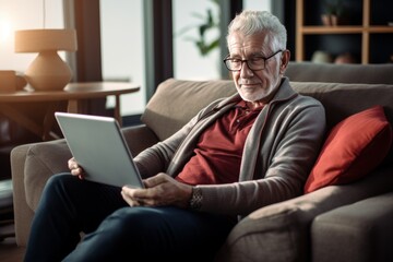 An elderly man using a tablet while relaxing on a cozy couch in a modern living room during the afternoon