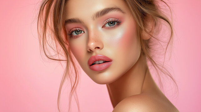 close up portrait of a woman, makeup model, cosmetics, pink tone makeup