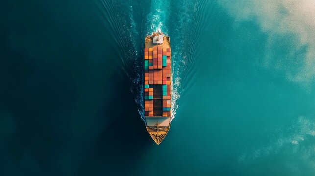 Container ship (ULCV) at sea - aerial view