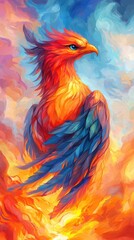 Fototapeta premium A vibrant phoenix rises from flames, showcasing a colorful display of reds, oranges, and blues, symbolizing rebirth and resilience.