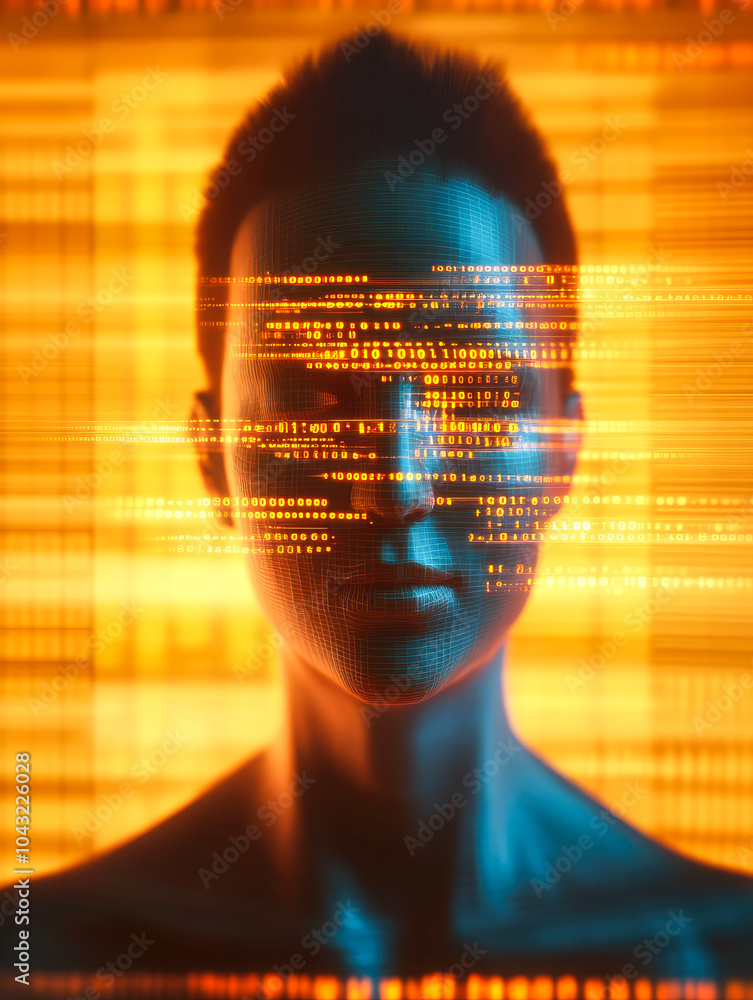 Poster orange-lit face with overlay of digital code patterns, embodying the harmony between human and artif