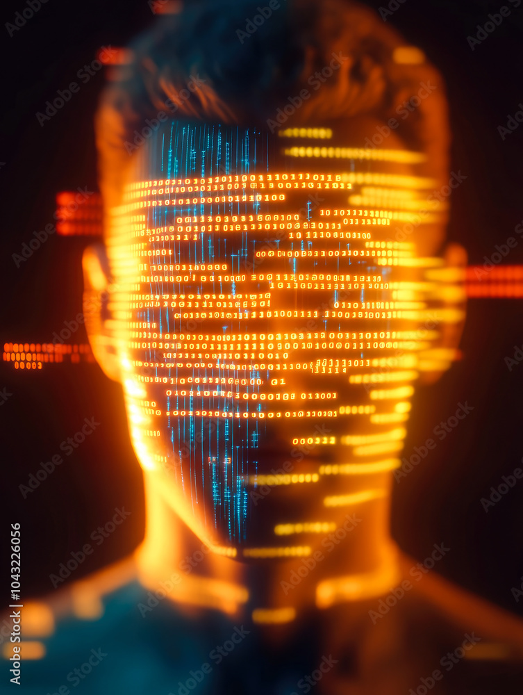 Poster an artistic depiction of a face composed of neon binary code, symbolizing the blend of human and dig