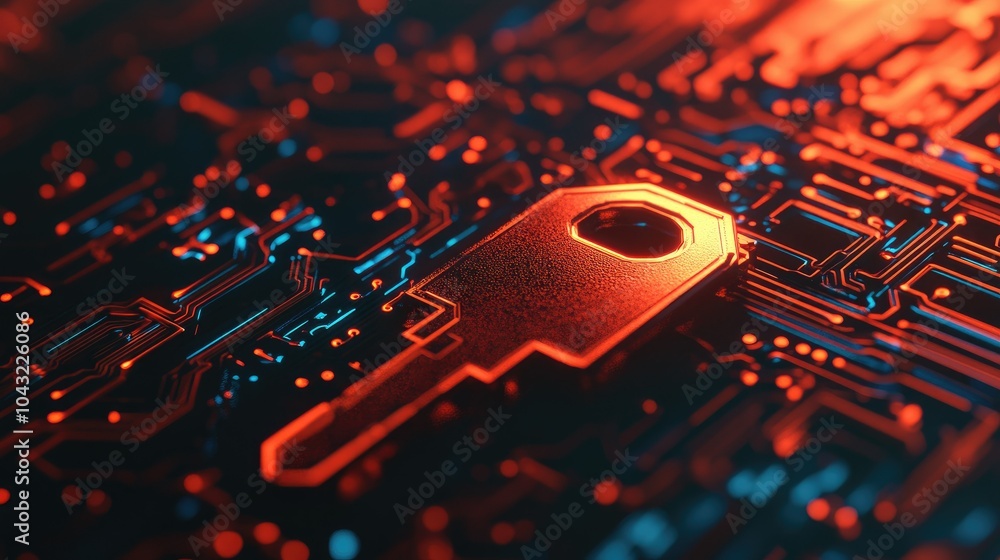 Poster key symbol on a circuit background, rendered in 3d. the design highlights digital security and techn