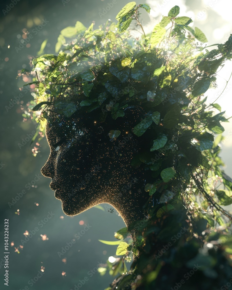 Poster a mystical representation of nature merging with humanity in a serene forest at dawn with enchanting