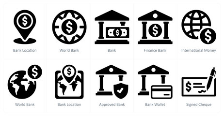 A set of 10 finance and money icons as bank location, world bank, bank