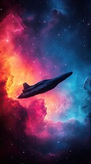 Naklejka premium A vibrant cosmic scene featuring a spaceship navigating through colorful nebulae in deep space.