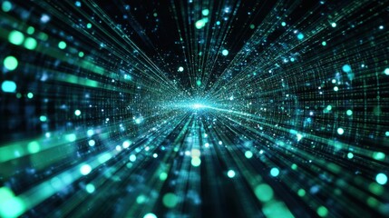 Fototapeta premium Abstract glowing lines and particles create a futuristic tunnel.