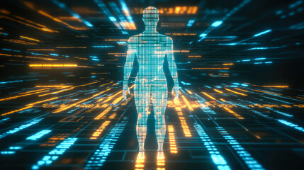 A full-body digital depiction of a human inside a dynamic data stream tunnel, illustrating human existence in digital realm.