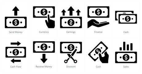 A set of 10 finance and money icons as send money, currency, earnings