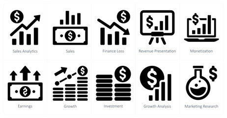 A set of 10 finance and money icons as sales analytics, sales, finance loss