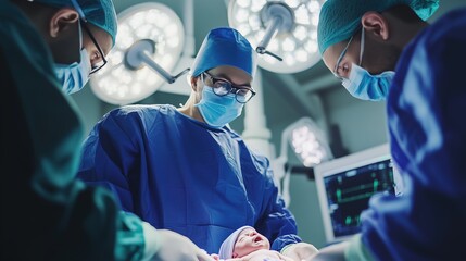Professional anesthesiologist doctor medical team and assistant is performing baby cesarean section and hold the baby giving birth with surgery equipment in modern hospital operation room