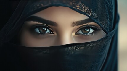 Naklejka premium Mysterious Arabic queen with a veil covering her face, revealing only her intense, captivating eyes. The beauty and mystery are palpable.