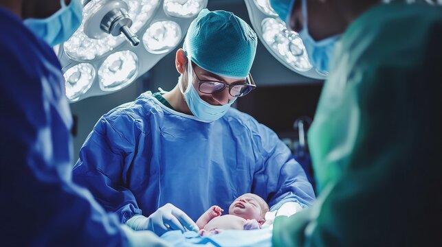 Professional anesthesiologist doctor medical team and assistant is performing baby cesarean section and hold the baby giving birth with surgery equipment in modern hospital operation room
