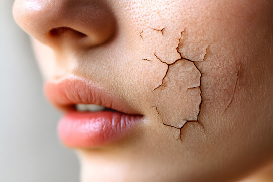 Young woman with cracked dry skin on her face, depicting extreme skin dryness
