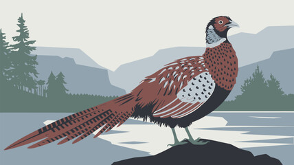 Colorful Pheasant in Scenic Nature Landscape Illustration