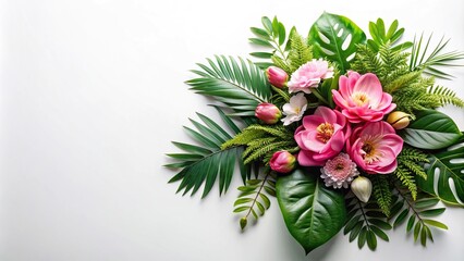 Fototapeta premium High angle tropical floral bouquet composition with flower leaves foliage blossom pink green blush frame border