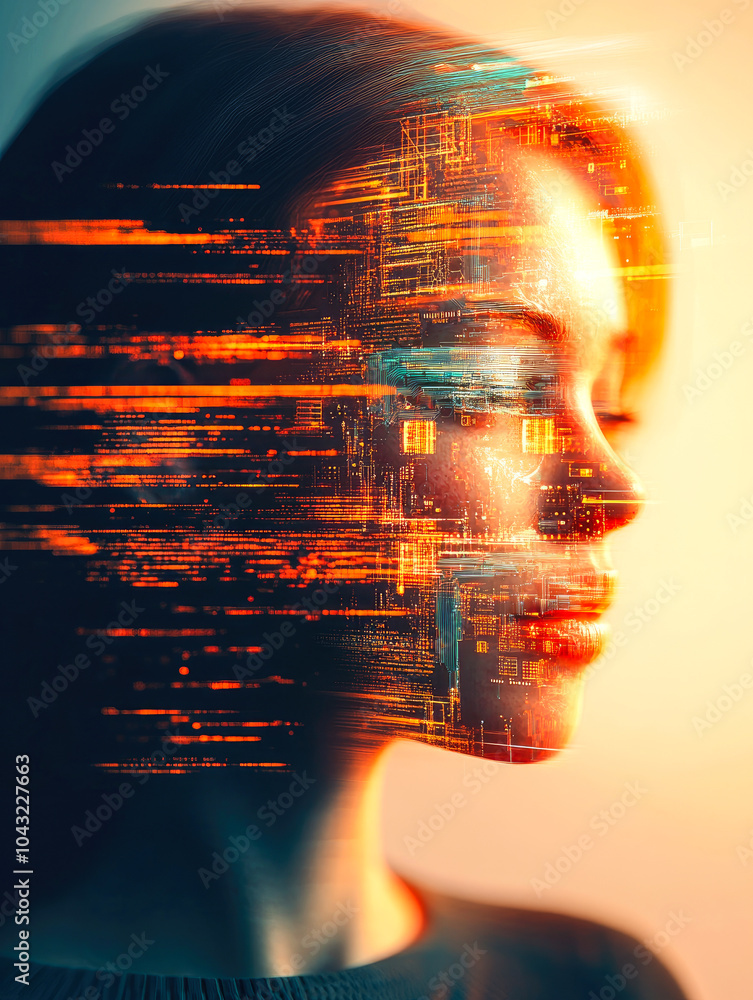 Poster an abstract digital face blending with tech elements, symbolizing human and technology convergence i