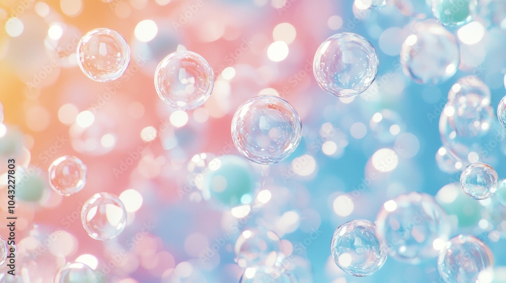 Poster multitude of transparent bubbles are floating on a background with pastel colors, creating a dreamy 