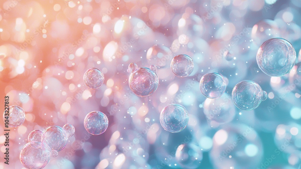 Poster transparent bubbles are floating on a pastel pink and blue background with bokeh and particles. this