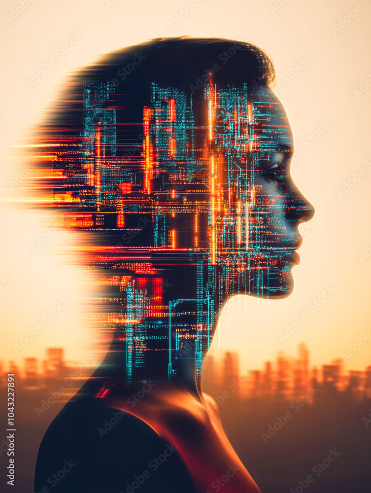 Poster a human silhouette merges with digital data streams in vivid hues, creating a striking fusion of tec