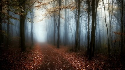 Obraz premium A Serene Walk Through a Misty Autumn Forest Pathway