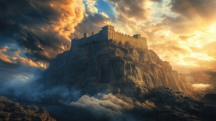 Fototapeta premium Noah Ark sitting on a mountain peak after the flood, with the remains of the floodwaters below. The sky is cloudy, creating a majestic scene.