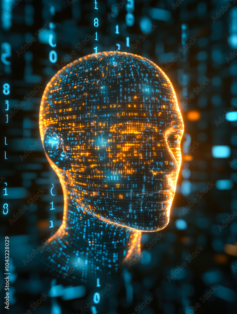 Poster a digital face emerges from a binary pattern matrix, symbolizing the ever-blurring lines between hum