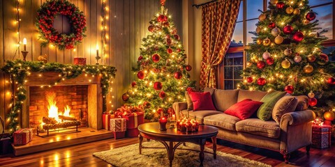 Fototapeta premium Cozy Christmas Living Room Macro Photography for Festive Wallpaper Inspiration