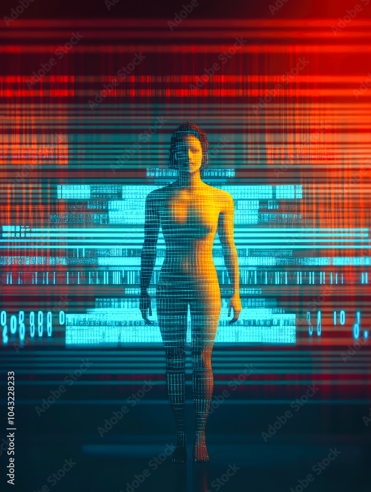 Poster a digital human figure in silhouette, embedded with binary code and vibrant colors, representing a f