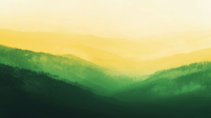 Green mountain peaks fading to yellow, morning mist rising over lush forest. Serene, vibrant nature scene with golden sunlight. Peaceful wilderness moment