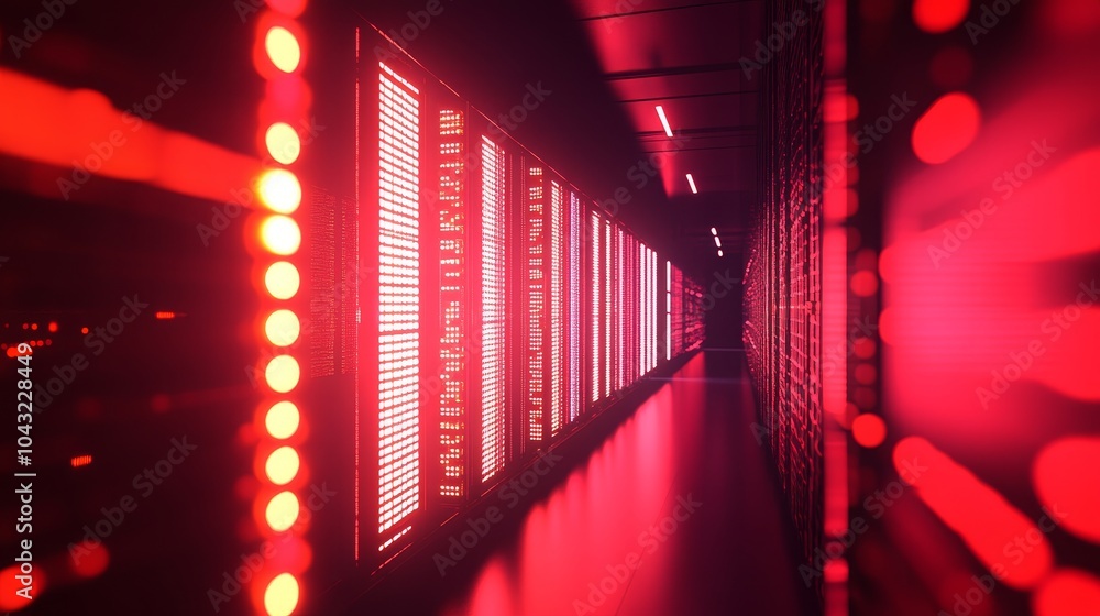 Poster data center corridor with rack servers and supercomputers and projections of the internet connection