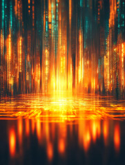 A vibrant cyber cityscape alive with streams of digital data, representing the dynamic interplay between urban life and technology.