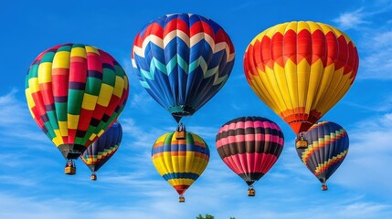 Obraz premium Colorful hot air balloons soar through a bright blue sky.